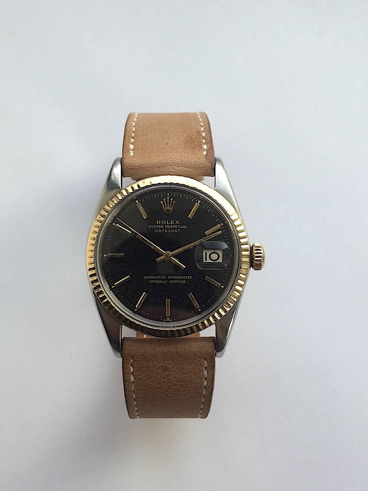 Women's or Men's Rolex Steel and Gold Tropical Dial Datejust Automatic Watch, 1960s