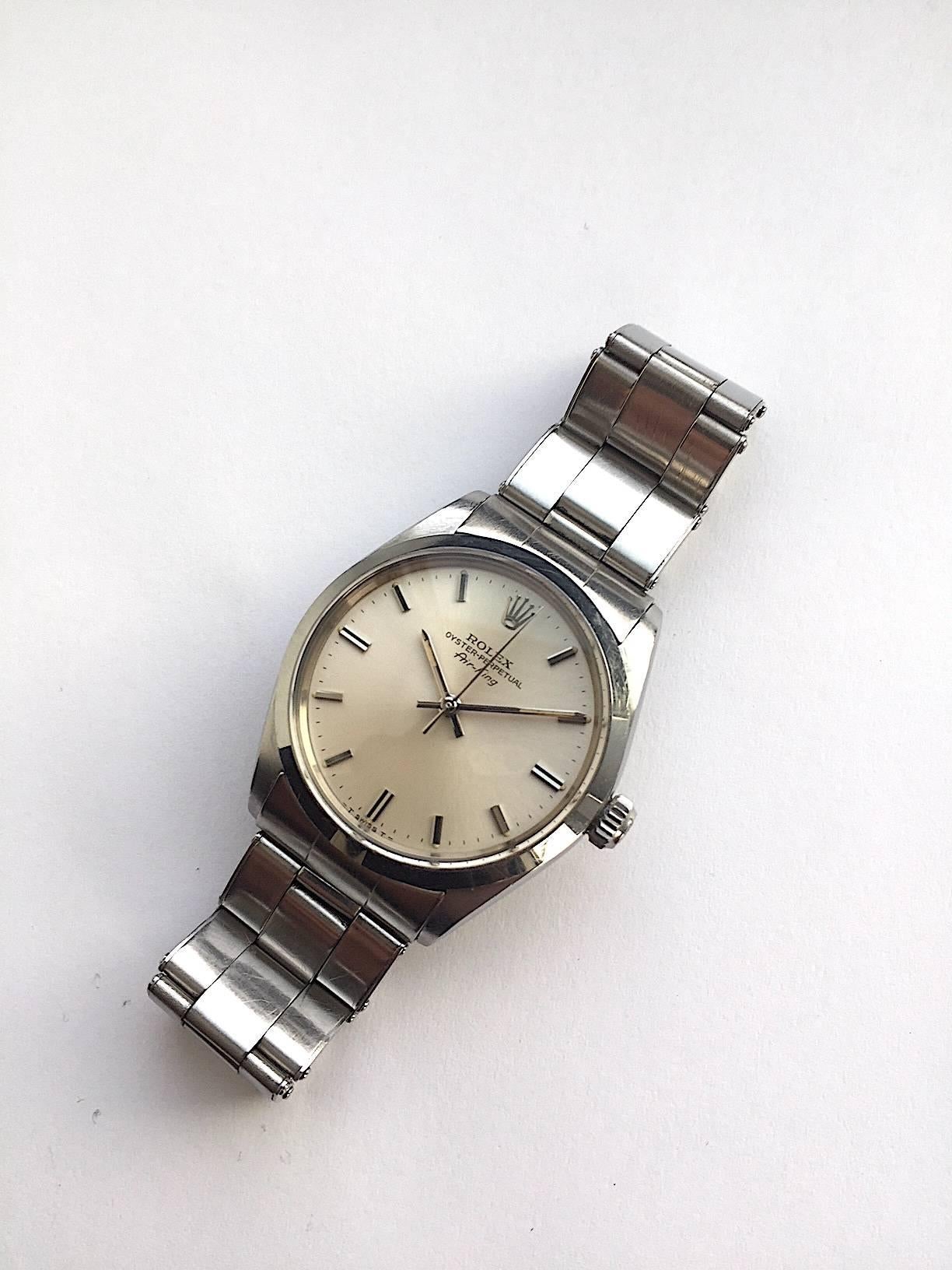 Rolex Stainless Steel Oyster Perpetual Air-King Stainless Steel Watch
Factory Silver T Swiss T Dial with Applied Hour Markers
Stainless Steel Smooth Bezel
Stainless Steel Case
34mm in size 
Features Rolex Automatic Movement 
Acrylic Crystal
From Mid