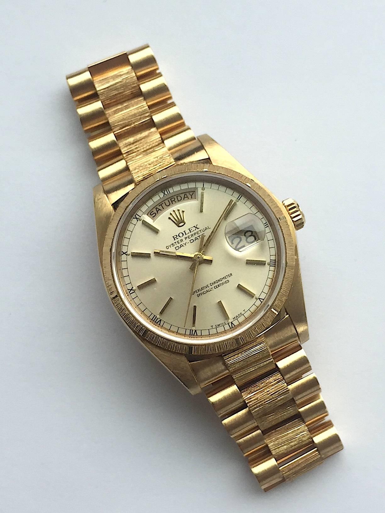 Women's or Men's Rolex Yellow Gold Oyster Perpetual Day-Date Bark President Automatic Watch