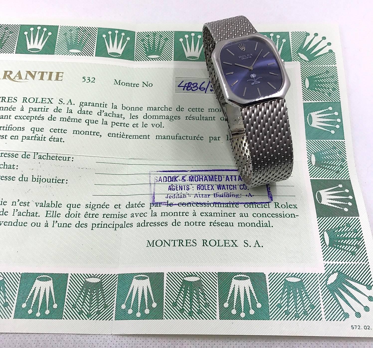Rolex White Gold Cellini Saudi Logo Manual Wind Wristwatch with Box and Papers In New Condition For Sale In New York, NY