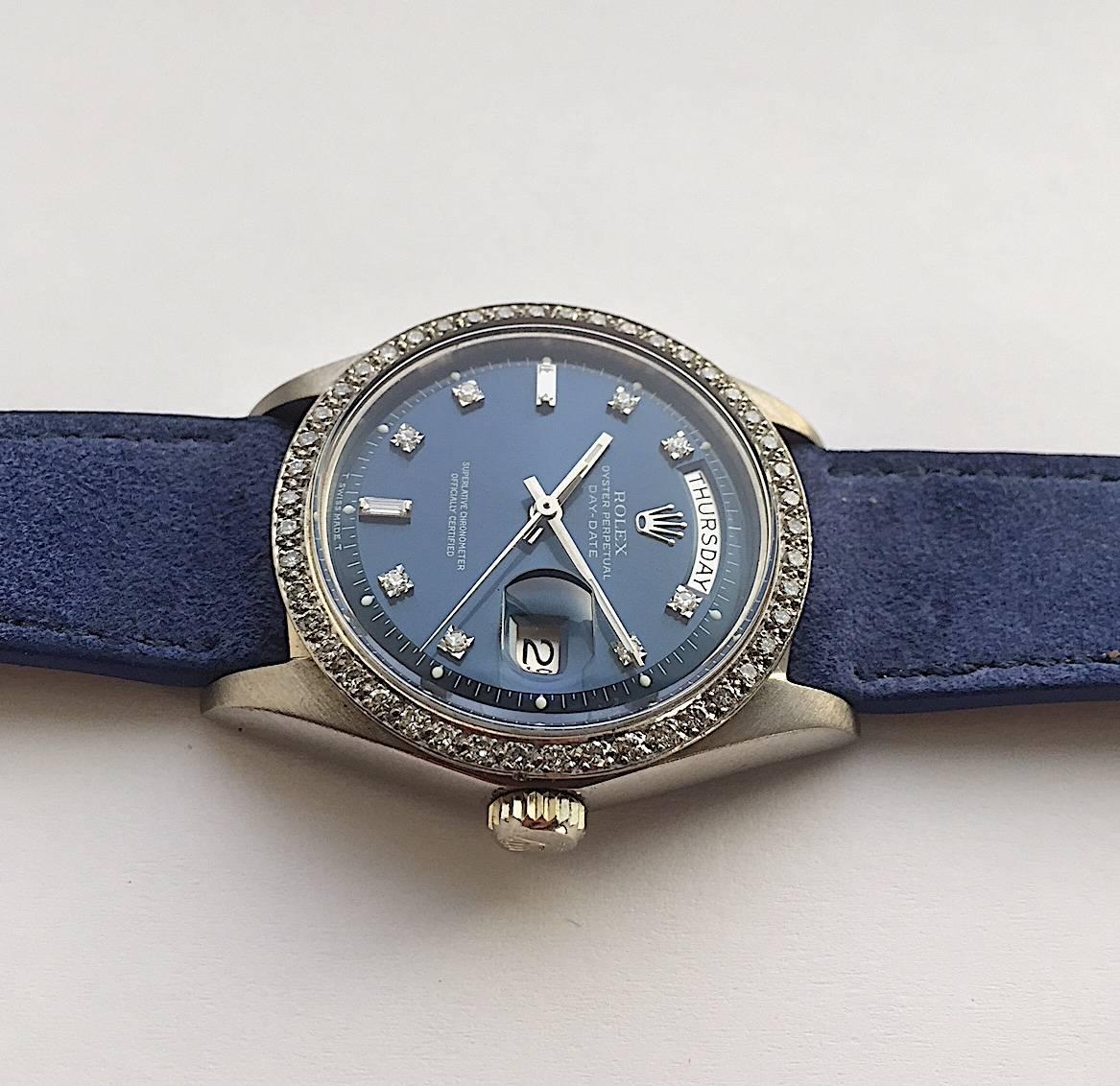 Rolex 18K White Gold Day-Date Factory Diamond Automatic Wristwatch, 1970s For Sale 4