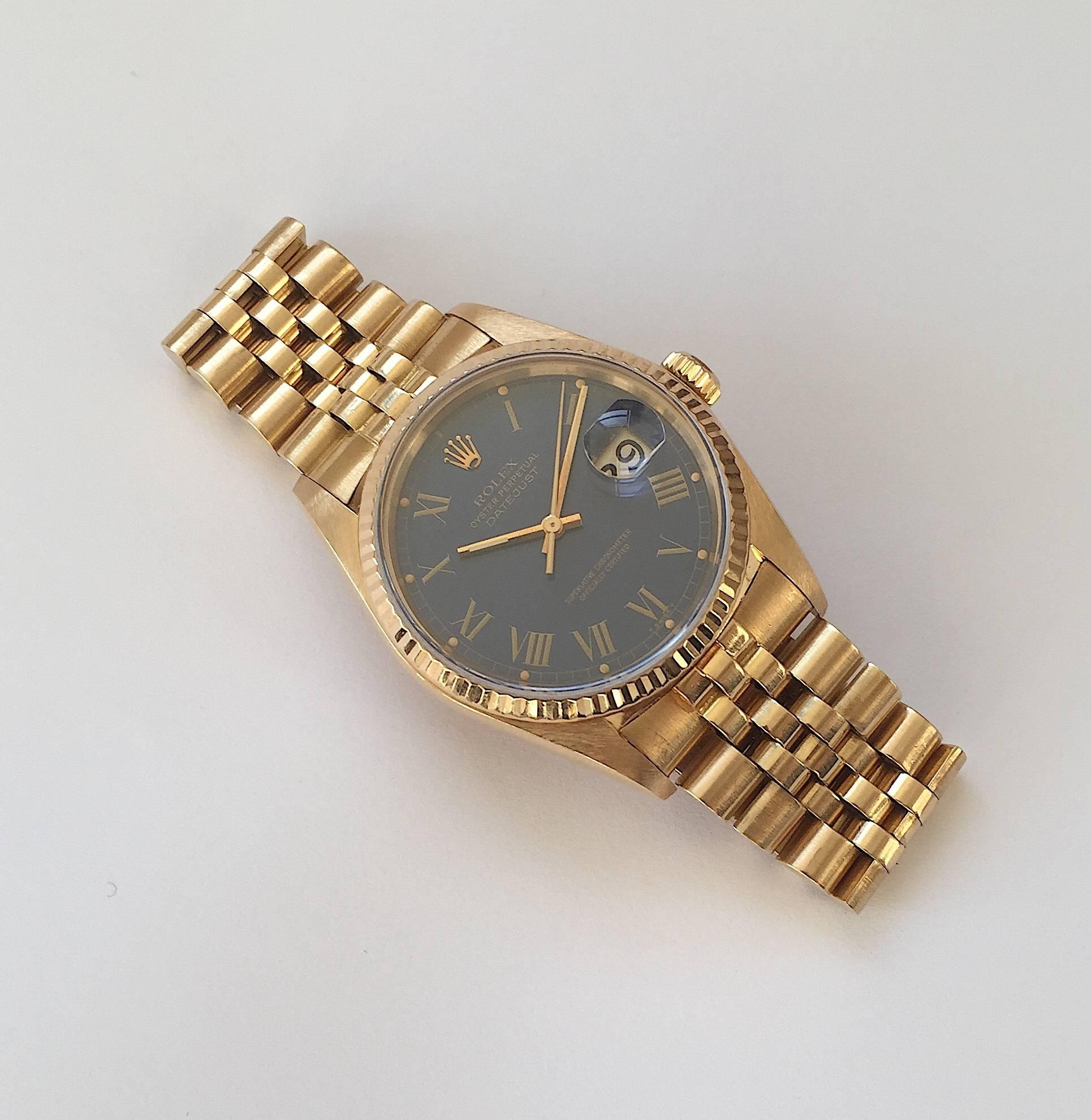Women's or Men's Rolex Yellow Gold Blue Buckley Dial Datejust Automatic Wristwatch, 1980s For Sale