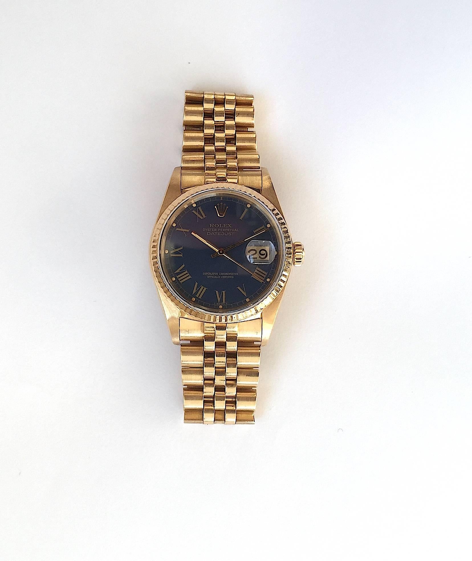 Rolex Yellow Gold Blue Buckley Dial Datejust Automatic Wristwatch, 1980s For Sale 1