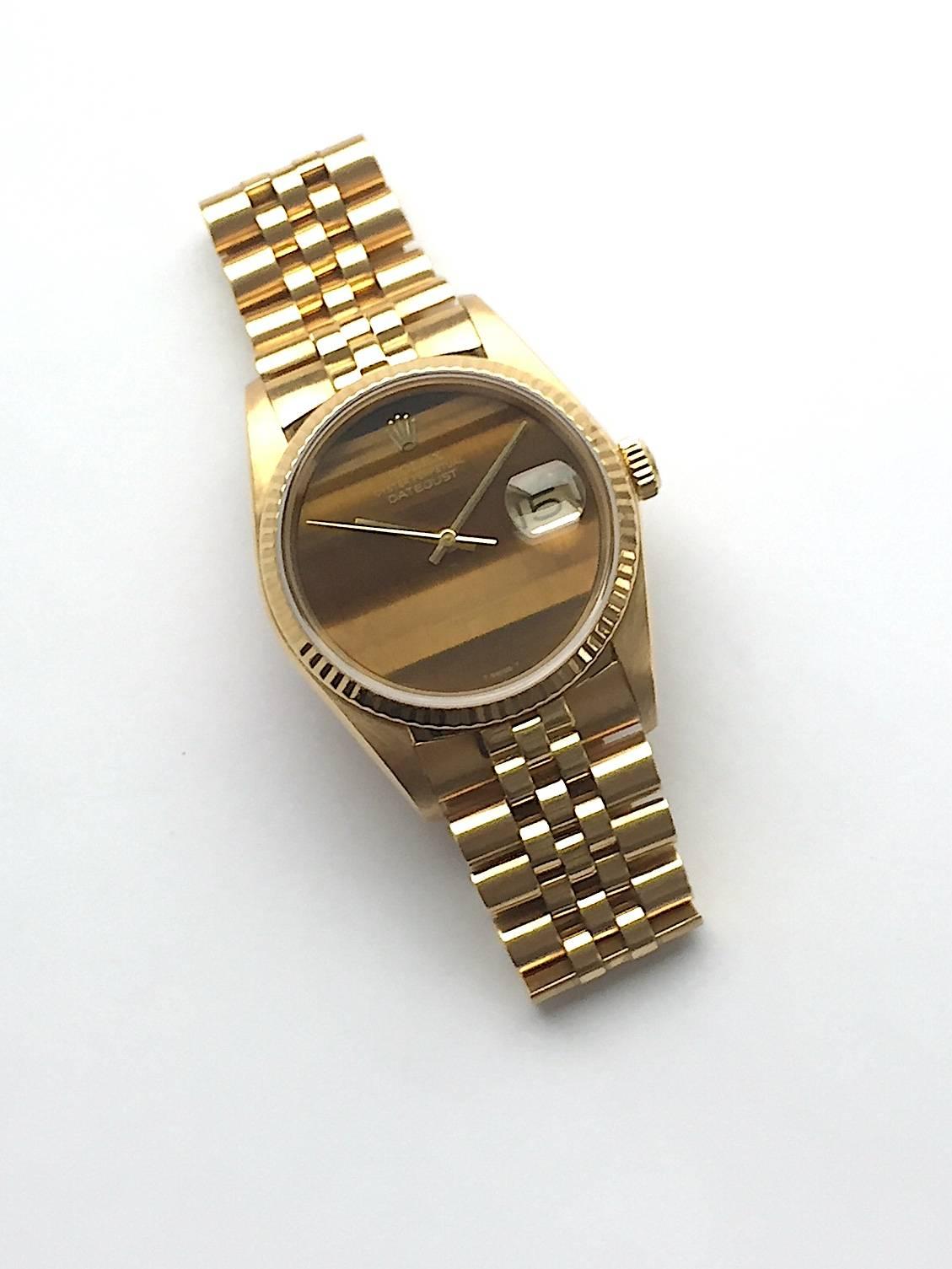 Women's or Men's Rolex Yellow Gold Tiger's Eye Dial Datejust Automatic Wristwatch, 1980s