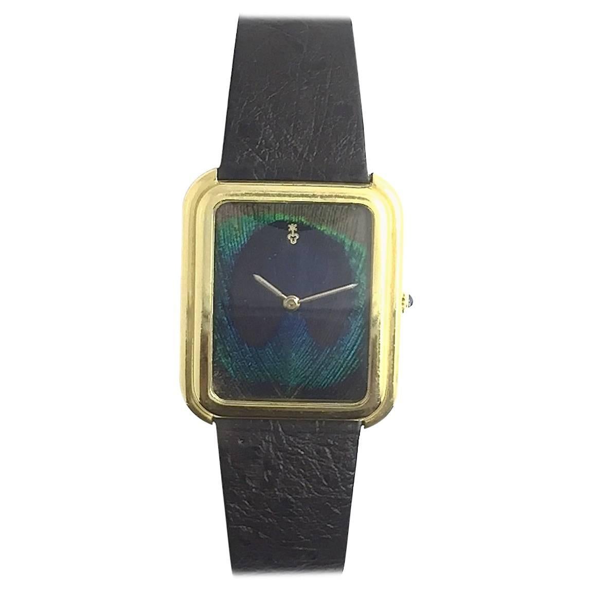 Women's or Men's Corum Yellow Gold Peacock Feather Manual Wind Wristwatch For Sale