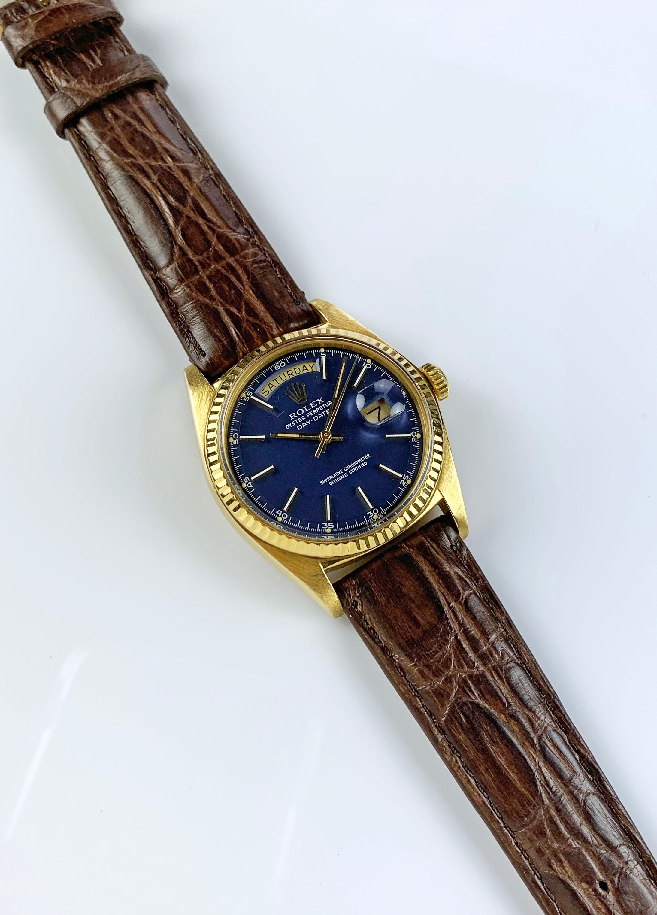 Rolex 18 Karat Yellow Gold Blue Dial Day Date President Automatic Watch, 1970s In Good Condition In New York, NY