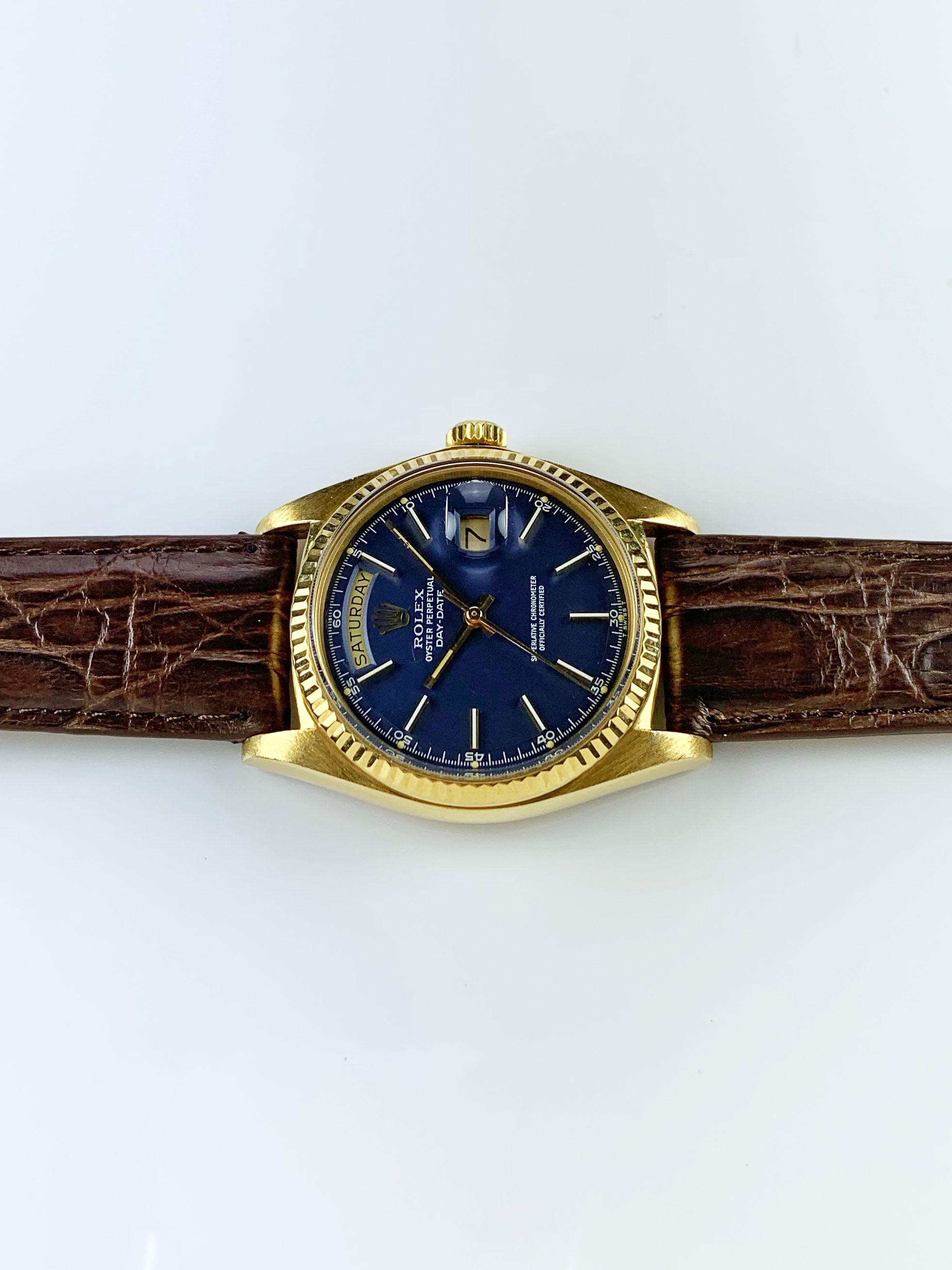 Women's or Men's Rolex 18 Karat Yellow Gold Blue Dial Day Date President Automatic Watch, 1970s