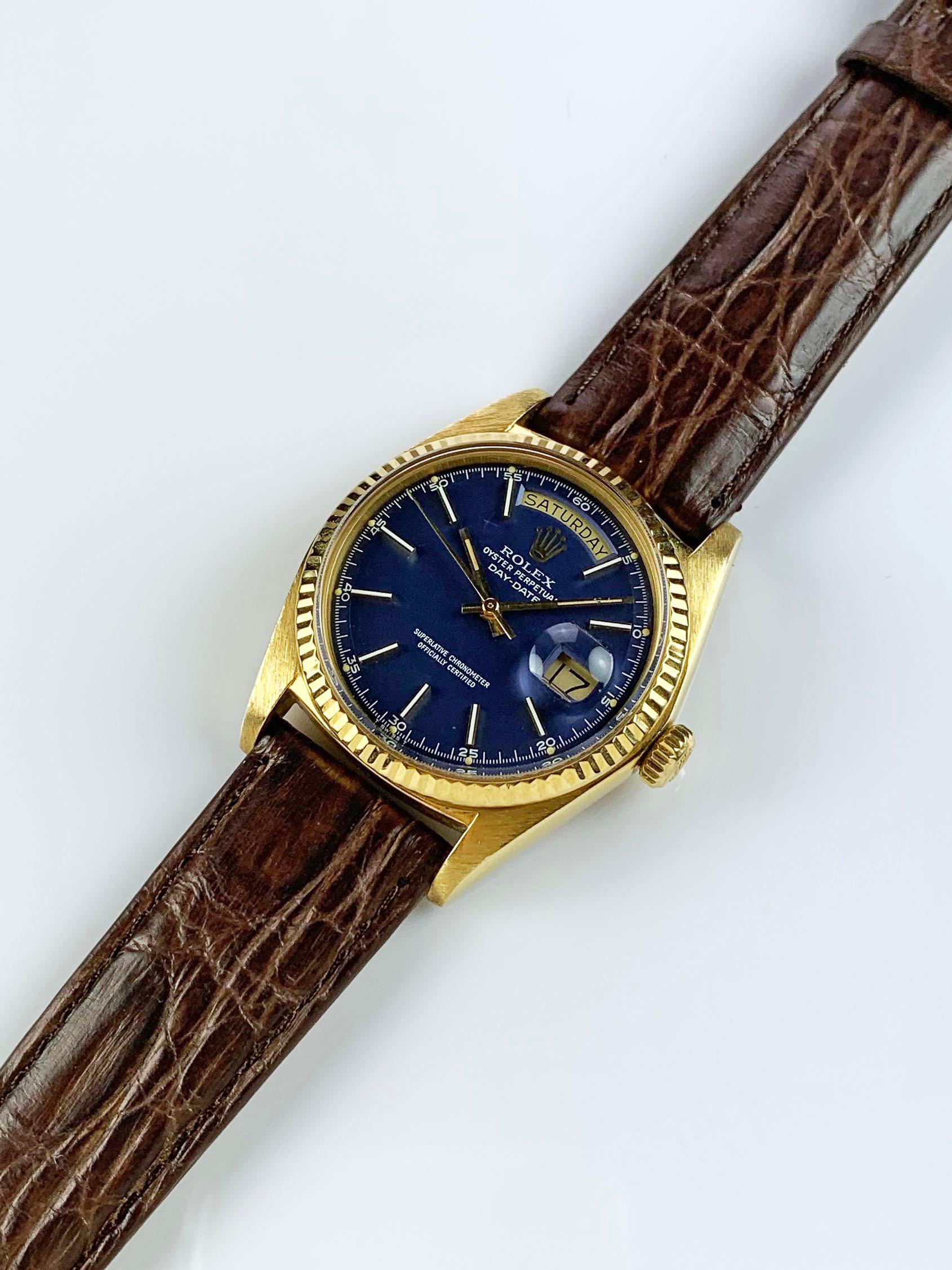Rolex 18 Karat Yellow Gold Blue Dial Day Date President Automatic Watch, 1970s 1