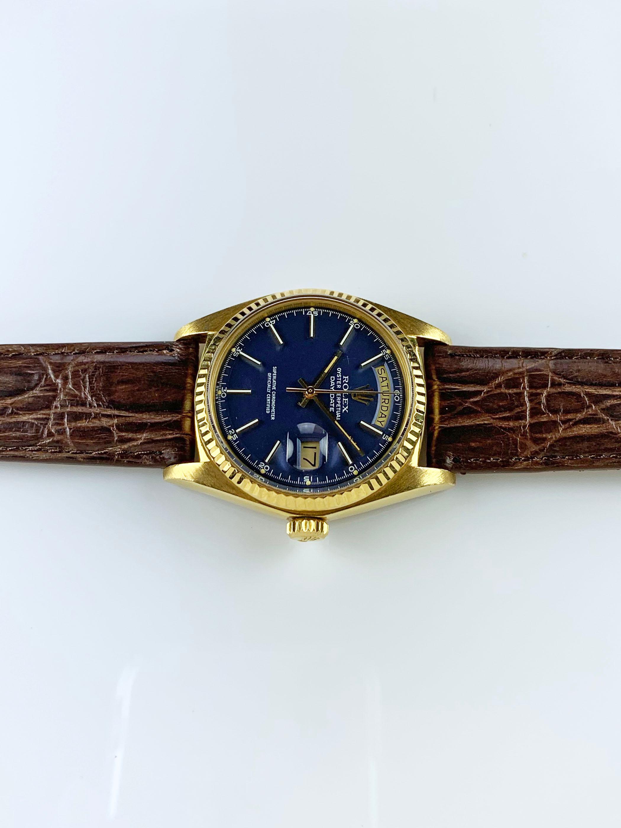 Rolex 18 Karat Yellow Gold Blue Dial Day Date President Automatic Watch, 1970s 2
