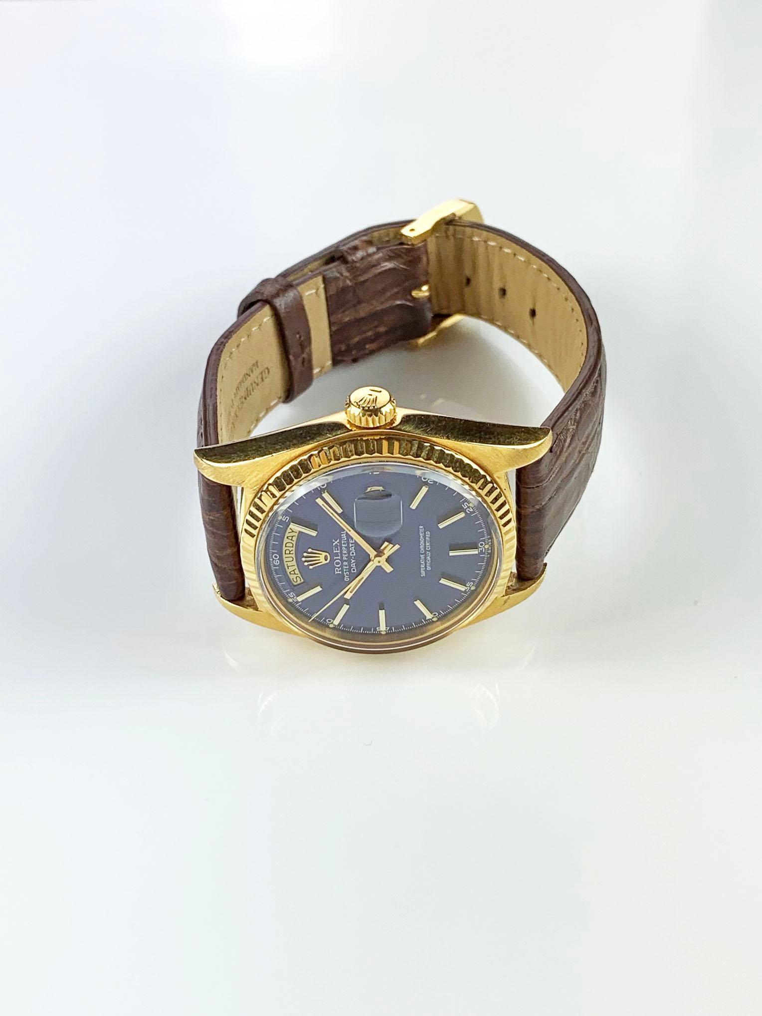 Rolex 18 Karat Yellow Gold Blue Dial Day Date President Automatic Watch, 1970s 4