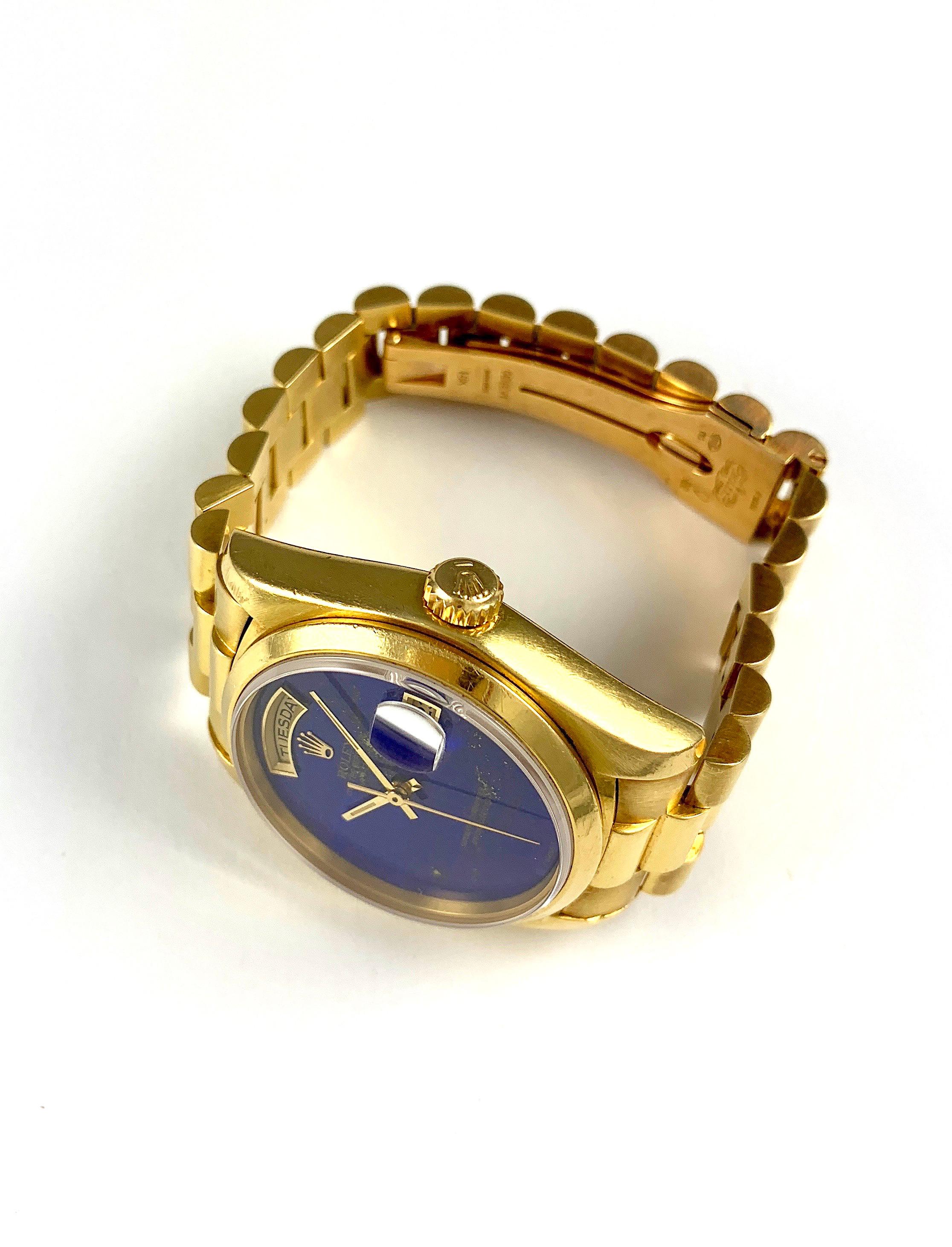 Women's or Men's Rolex Yellow Gold Day-Date Smooth Bezel Lapis Lazuli Dial President Wristwatch For Sale