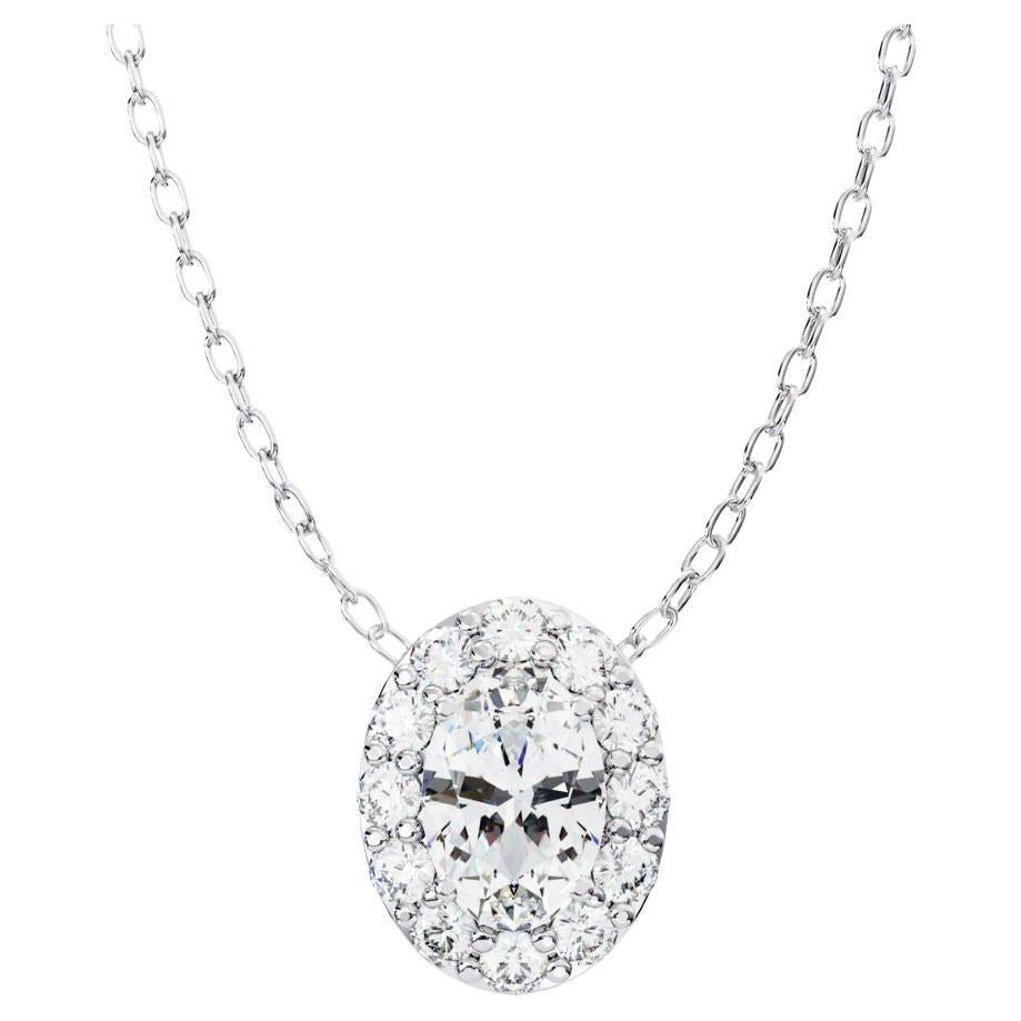 0.70 Ctw Ovall Diamond Halo Pendant Necklace 14K Gold