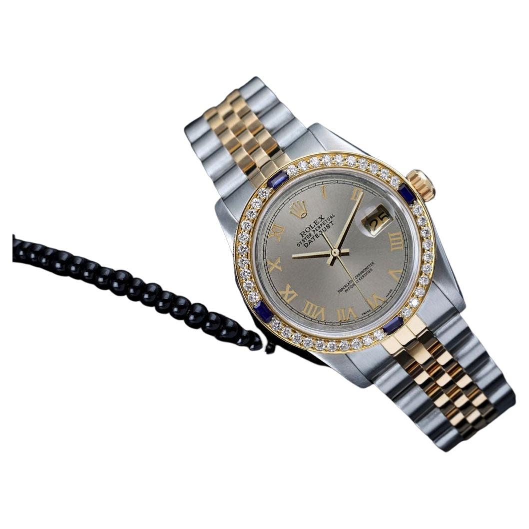 Rolex Datejust Grey Roman Dial Sapphire/Diamond Bezel Two Tone Watch For Sale