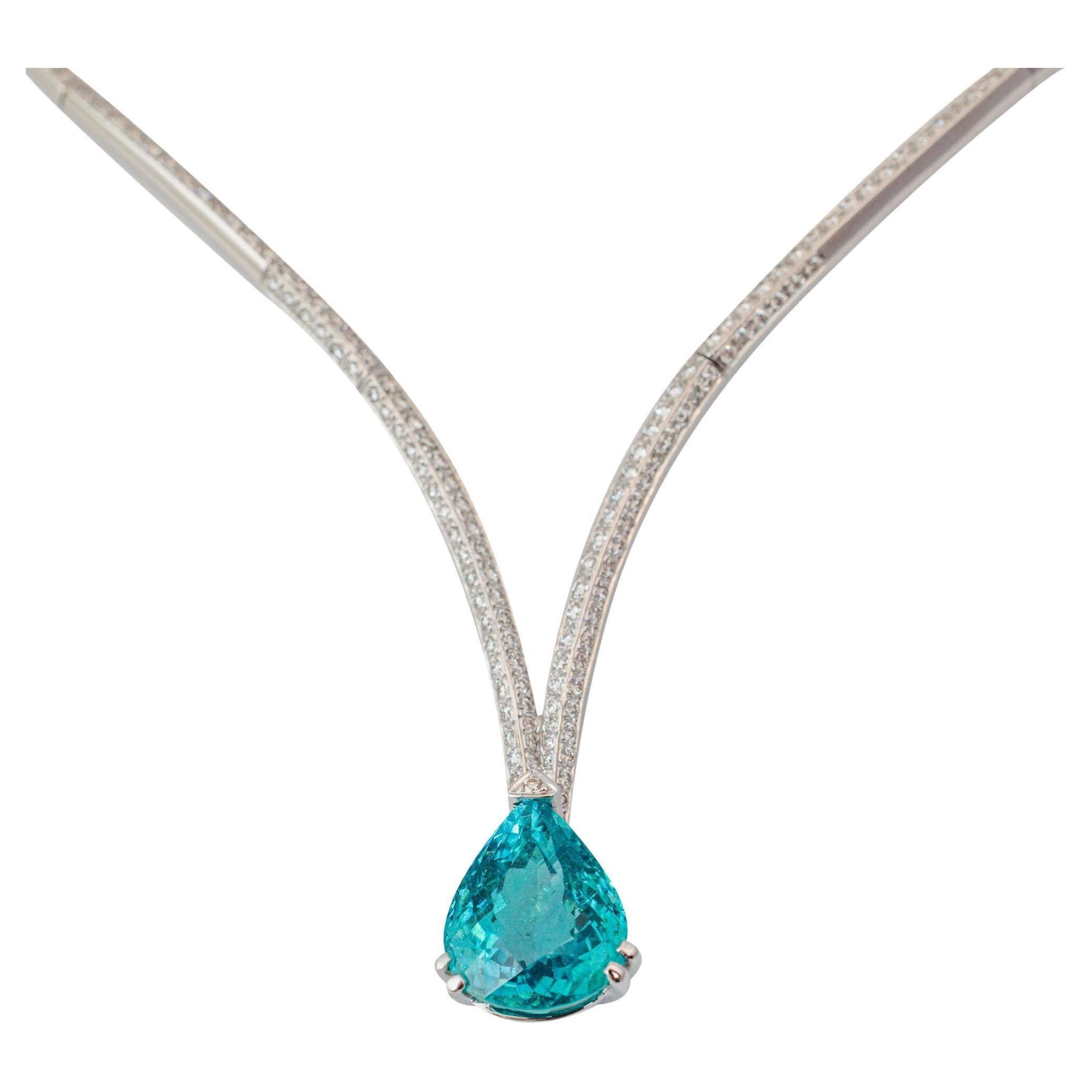 "Costis" Four Claw Necklace, 7.23 Carats African Paraiba Tourmaline and Diamonds For Sale