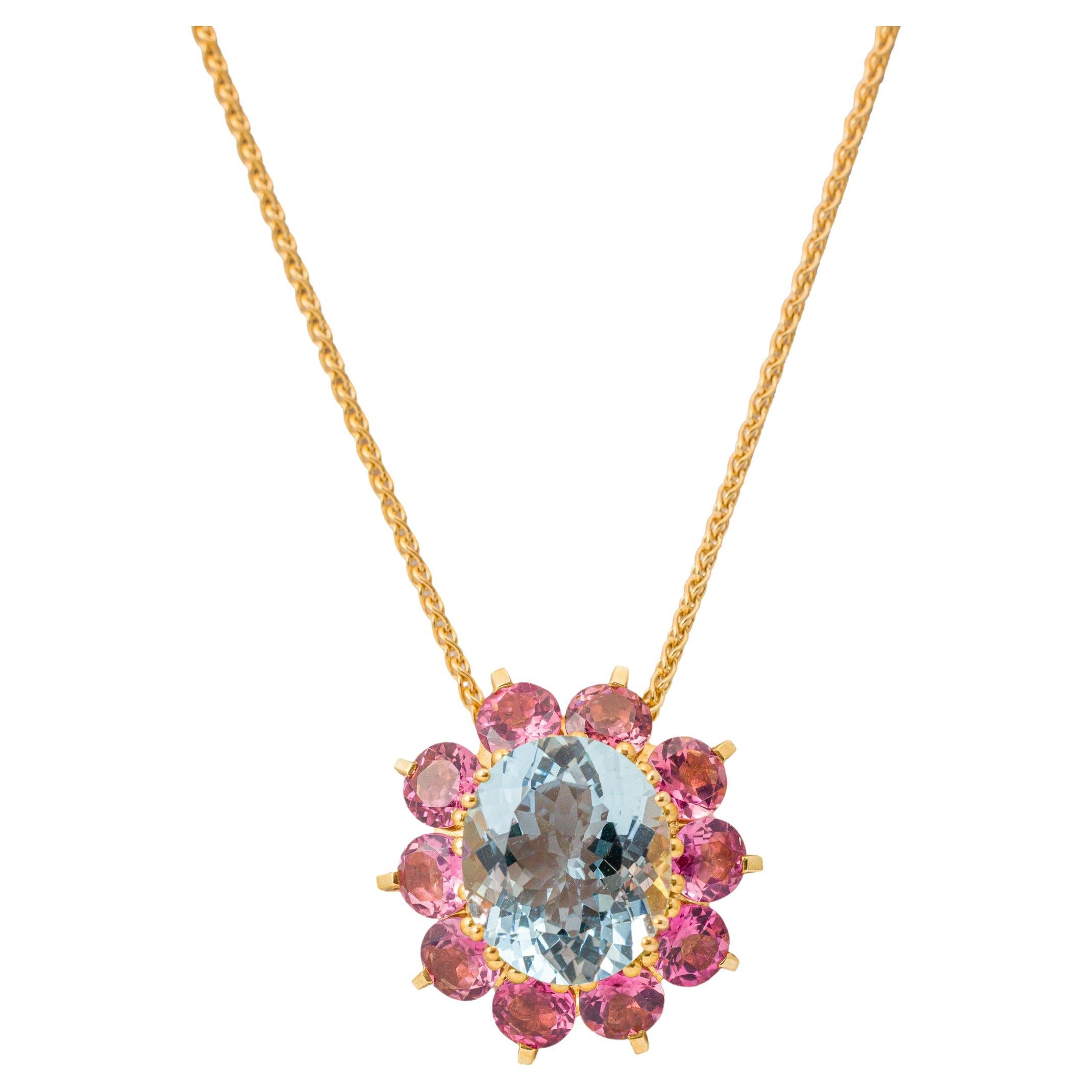 "Costis" Imperial Rosette Necklace - Central Aquamarine, Rubellites in 18K Gold For Sale