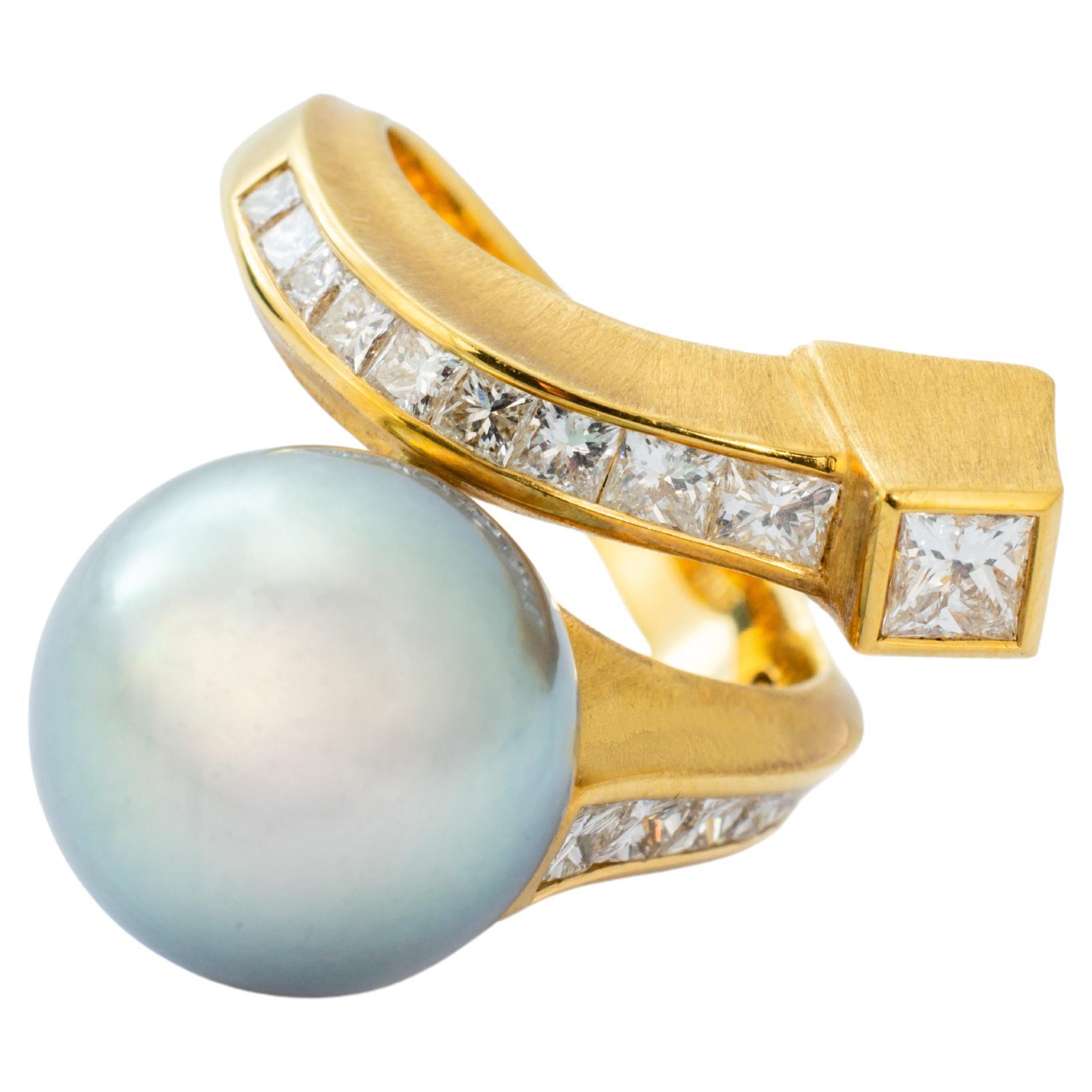 "Costis" Eiffel Ring, 13.60mm Gray South Sea Pearl, and 1.45 cts Diamonds For Sale