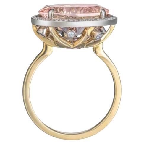 Art Deco 18K White and Yellow Gold Morganite and Diamond Statement Ring – Handcrafted Ele For Sale