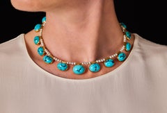 Collar gargantilla Strömdahl de los años 60, de oro de 18 quilates, con turquesa y perlas pequeñas