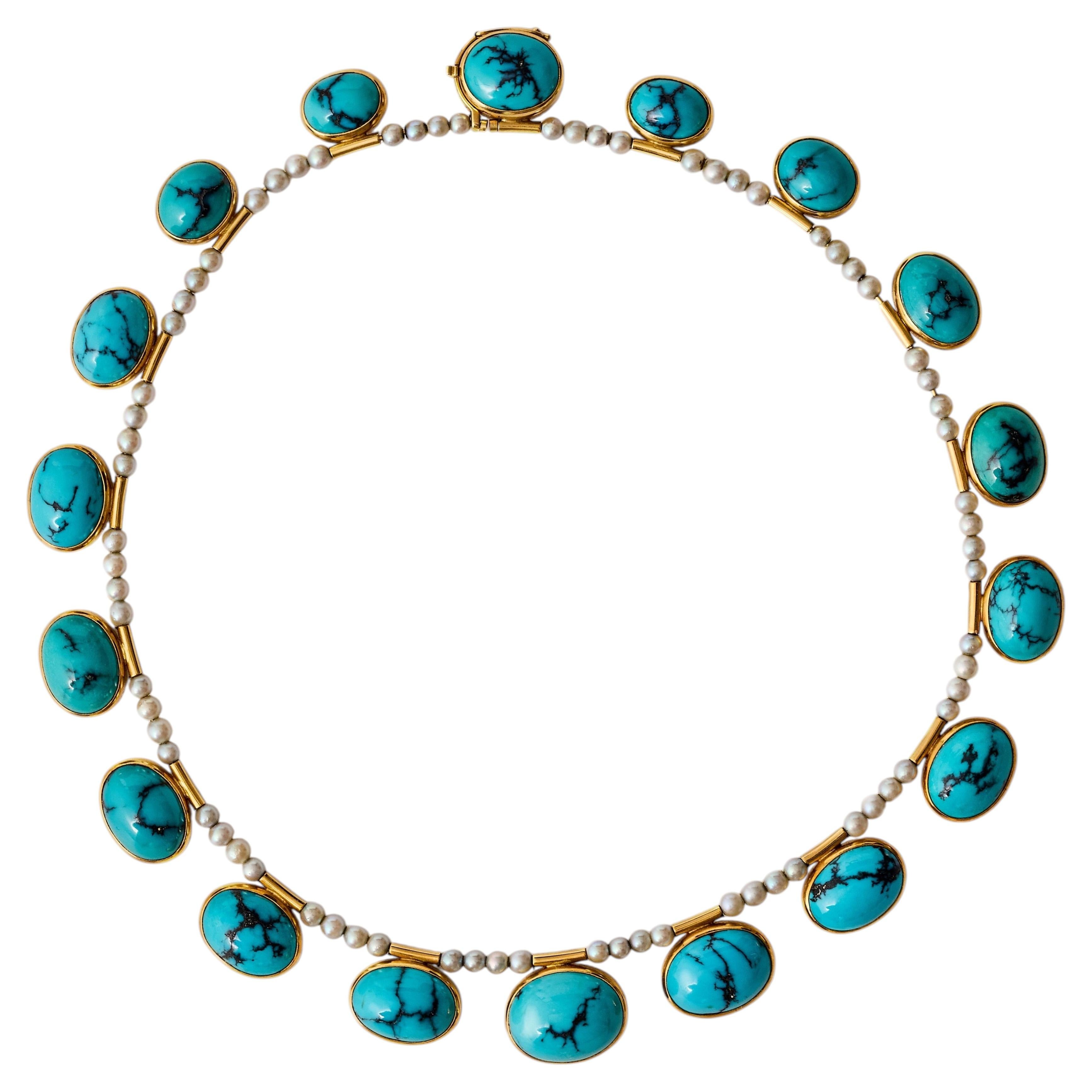 1960s Strömdahl 18k Gold Turquoise and Seed Pearl Choker Necklace