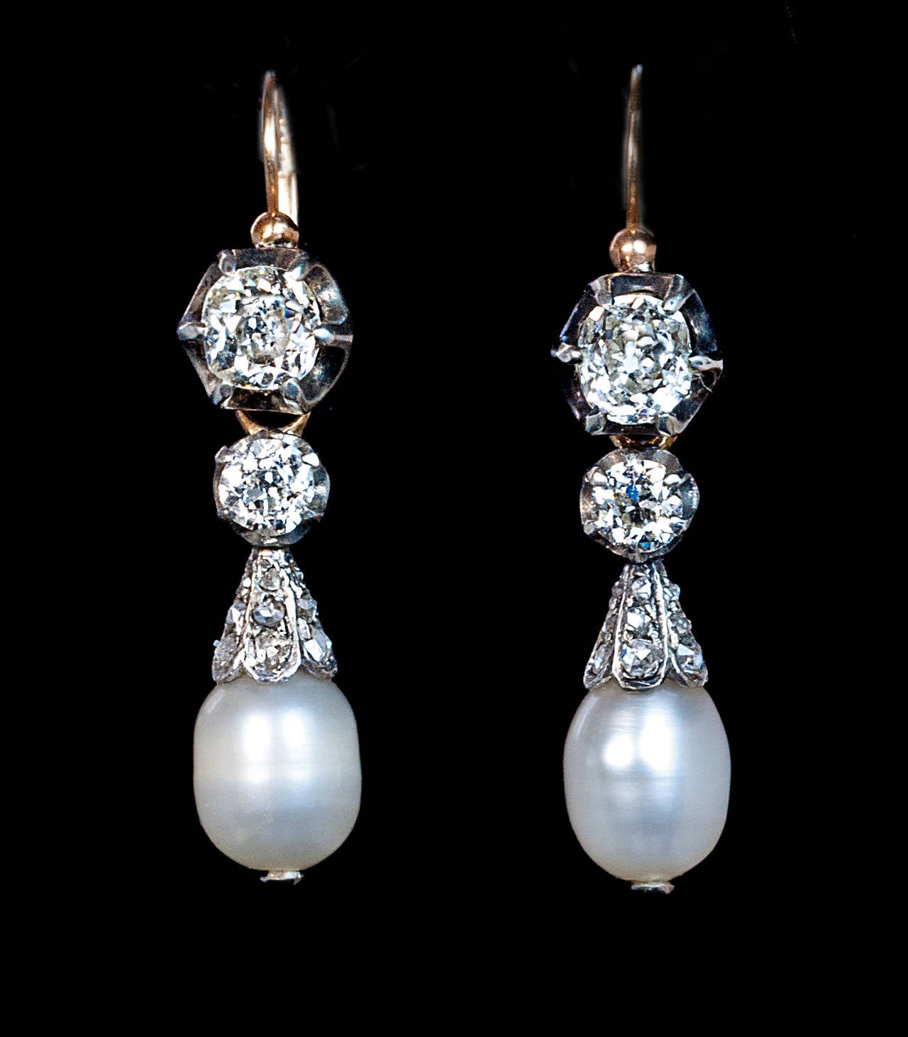Victorian Antique Natural Pearl Diamond Silver Gold Drop Earrings