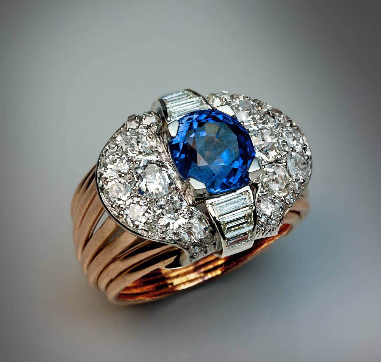 Vintage 5 Ct Ceylon Sapphire Old Cut Diamond Ring  In Excellent Condition In Chicago, IL
