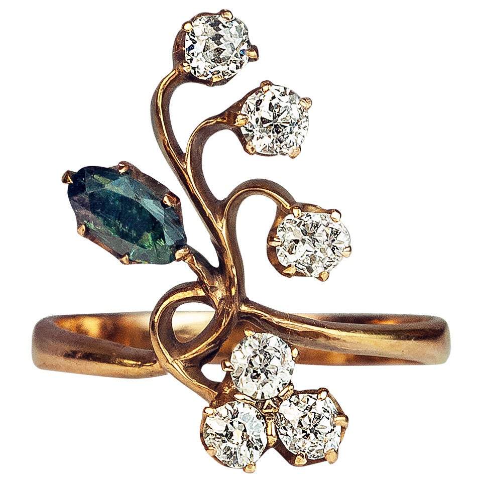 Antique Russian Alexandrite Diamond Gold Art Nouveau Flower Ring