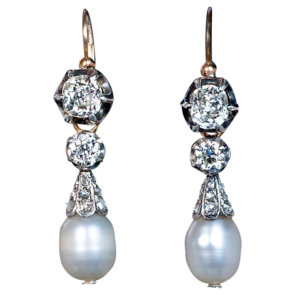 Antique Natural Pearl Diamond Silver Gold Drop Earrings