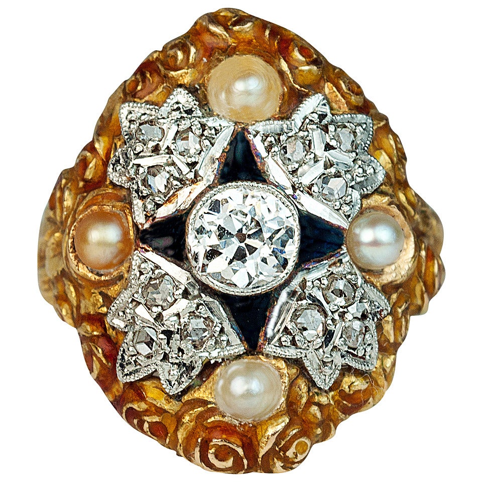 Art Nouveau Enamel Pearl Diamond Ring For Sale