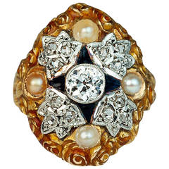 Antique Art Nouveau Enamel Pearl Diamond Ring