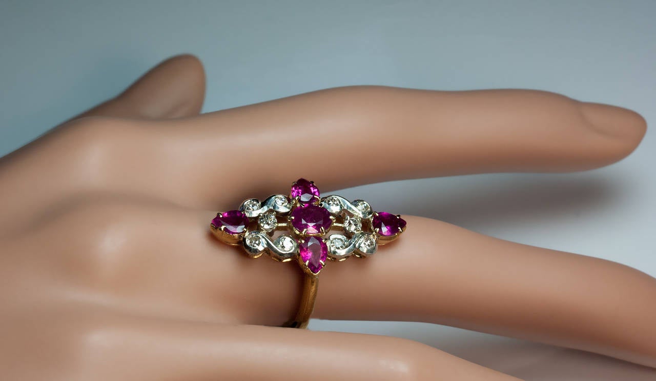 Old Mine Cut Art Deco Ruby Diamond Gold Platinum Ring For Sale