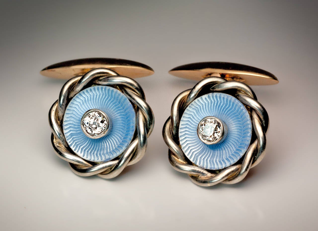 Women's Antique Russian Diamond Enamel Two Color Gold Cufflinks