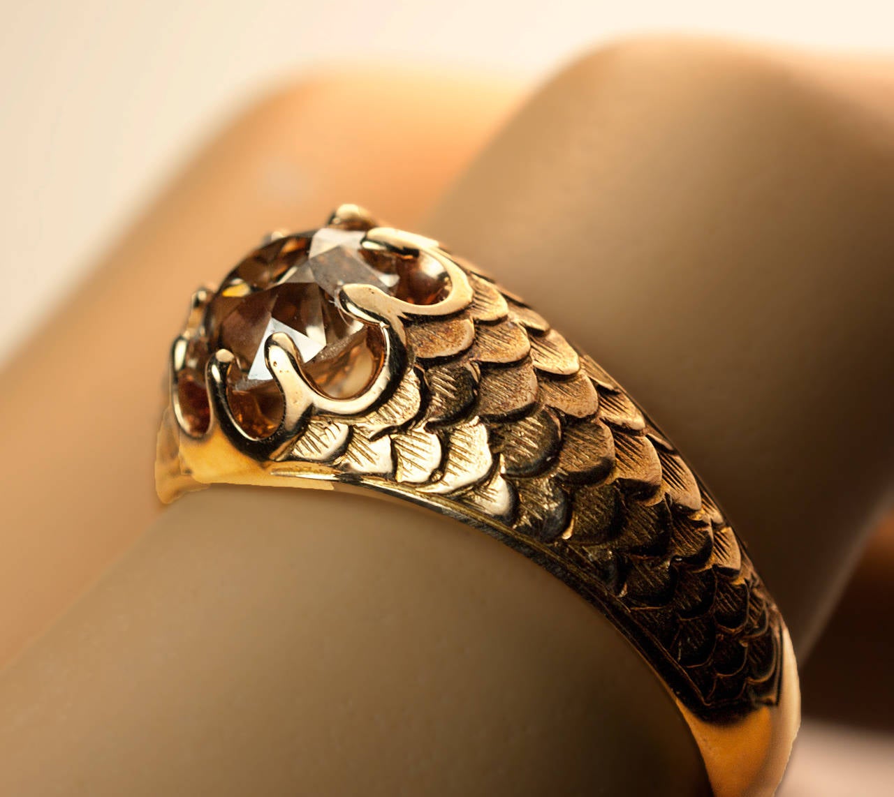 Antique Fancy Color Old European Cut Diamond Gold Men's Ring In Excellent Condition In Chicago, IL