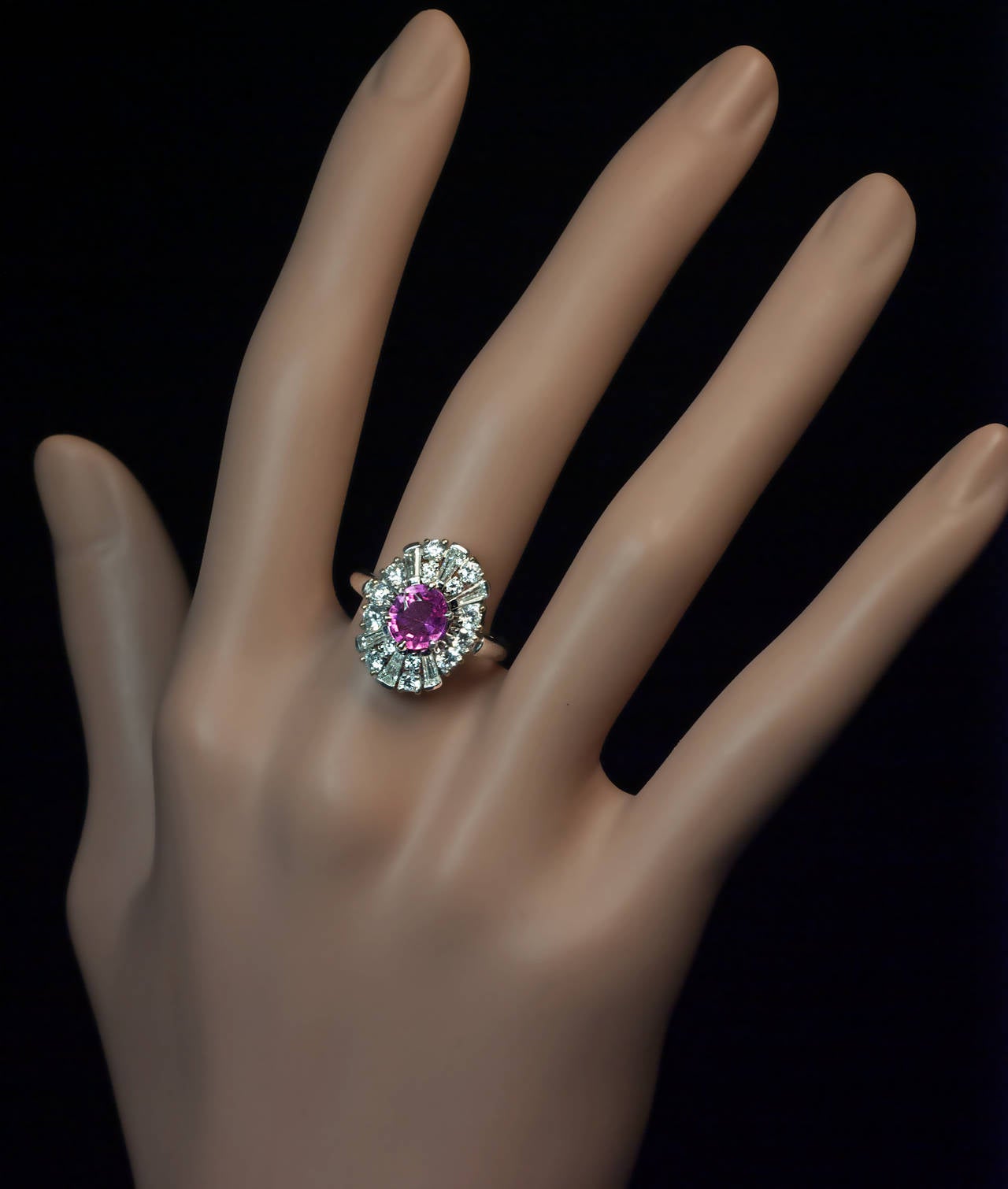 Pink Sapphire Diamond Platinum Ring In Excellent Condition In Chicago, IL