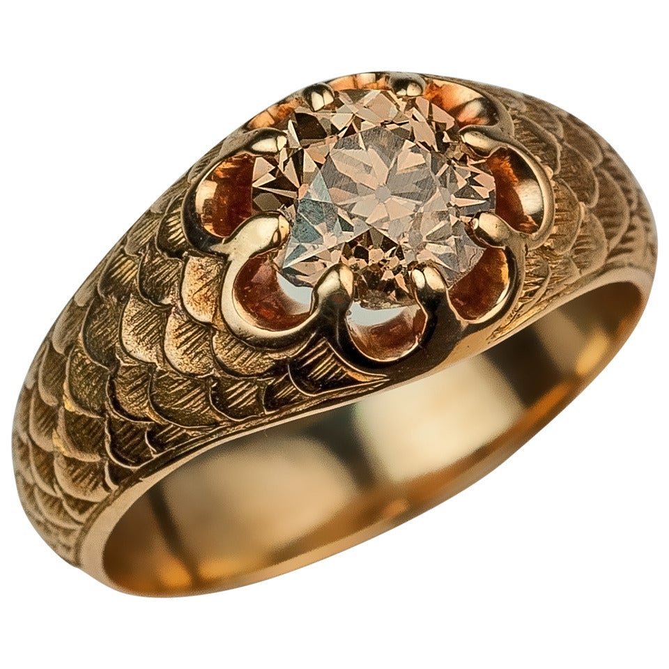 Antique Fancy Color Old European Cut Diamond Gold Men's Ring