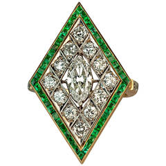 Art Deco Rhombus Shaped Diamond Emerald Gold Ring