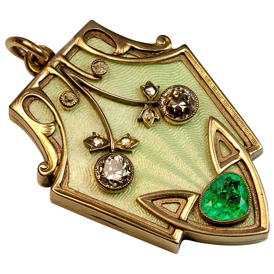 Antique Russian Enamel Emerald Diamond Gold Art Nouveau Locket