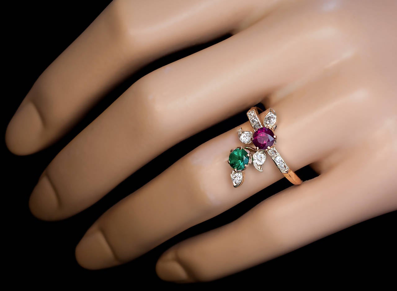 Art Nouveau Antique Ruby Emerald and Diamond Ring In Excellent Condition In Chicago, IL