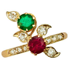 Art Nouveau Antique Ruby Emerald and Diamond Ring