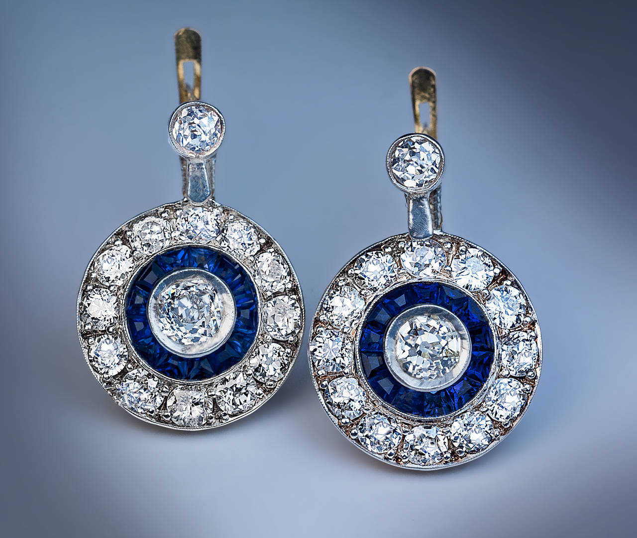 Round Cut Art Deco Sapphire Diamond Gold Earrings