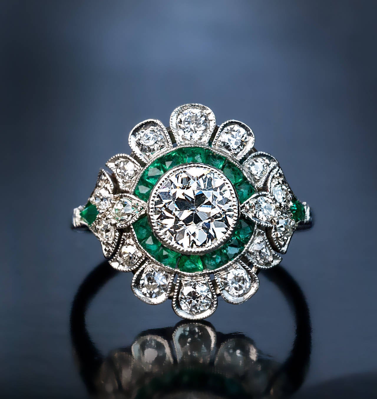 Women's Art Deco French Emerald Diamond Ring