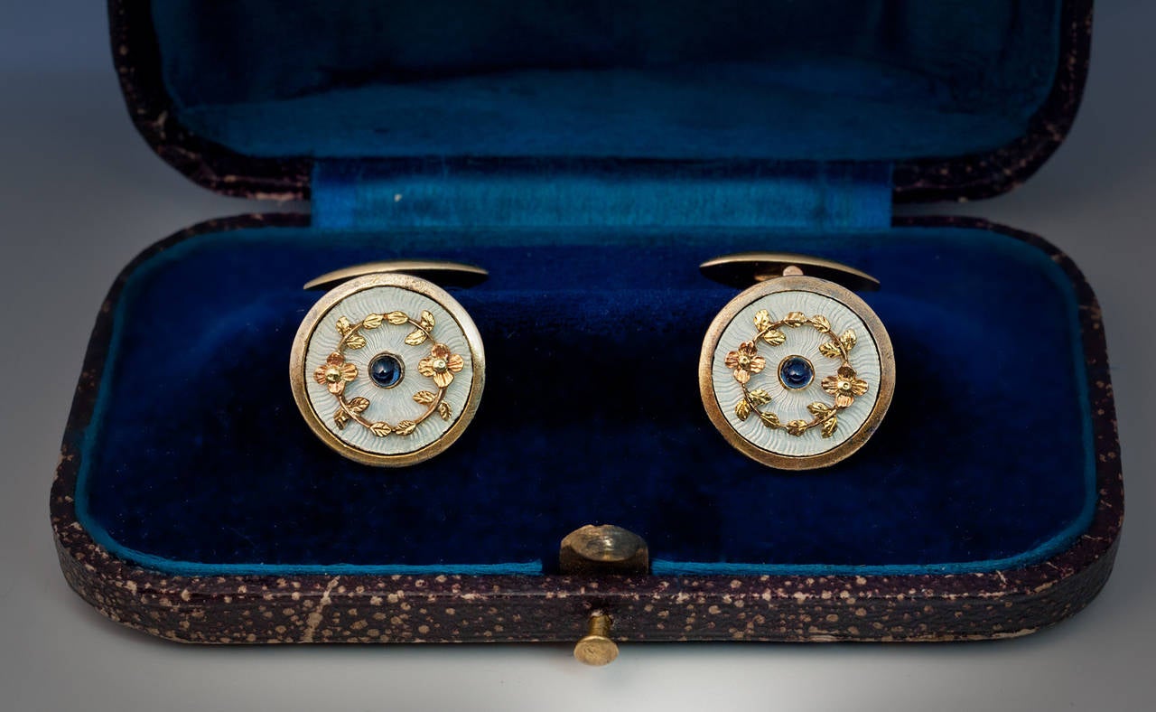 Antique Russian Enamel Sapphire Gold Cufflinks In Excellent Condition In Chicago, IL