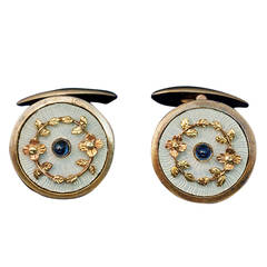 Antique Russian Enamel Sapphire Gold Cufflinks