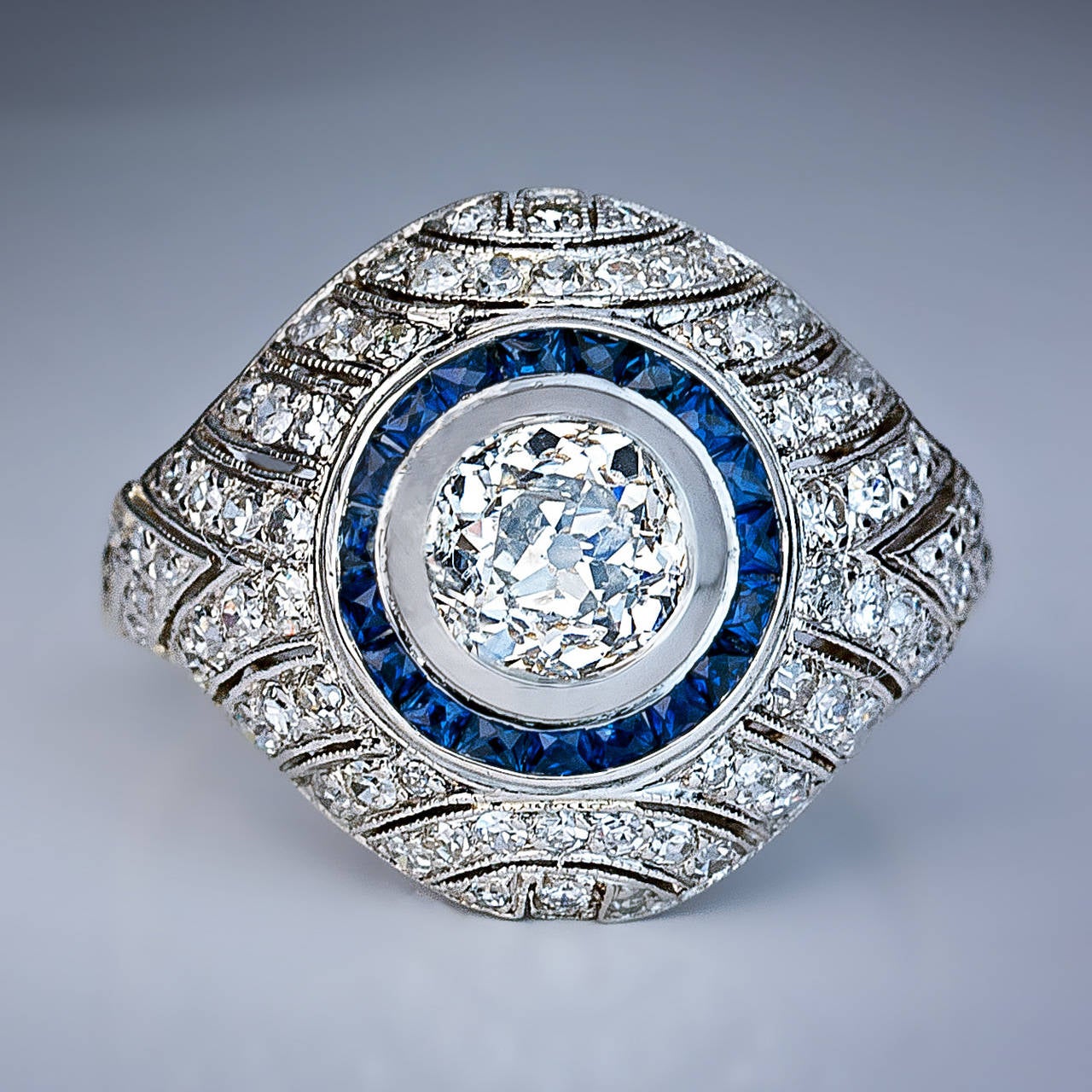 Art Deco Sapphire Diamond Gold Bombe Ring For Sale 3