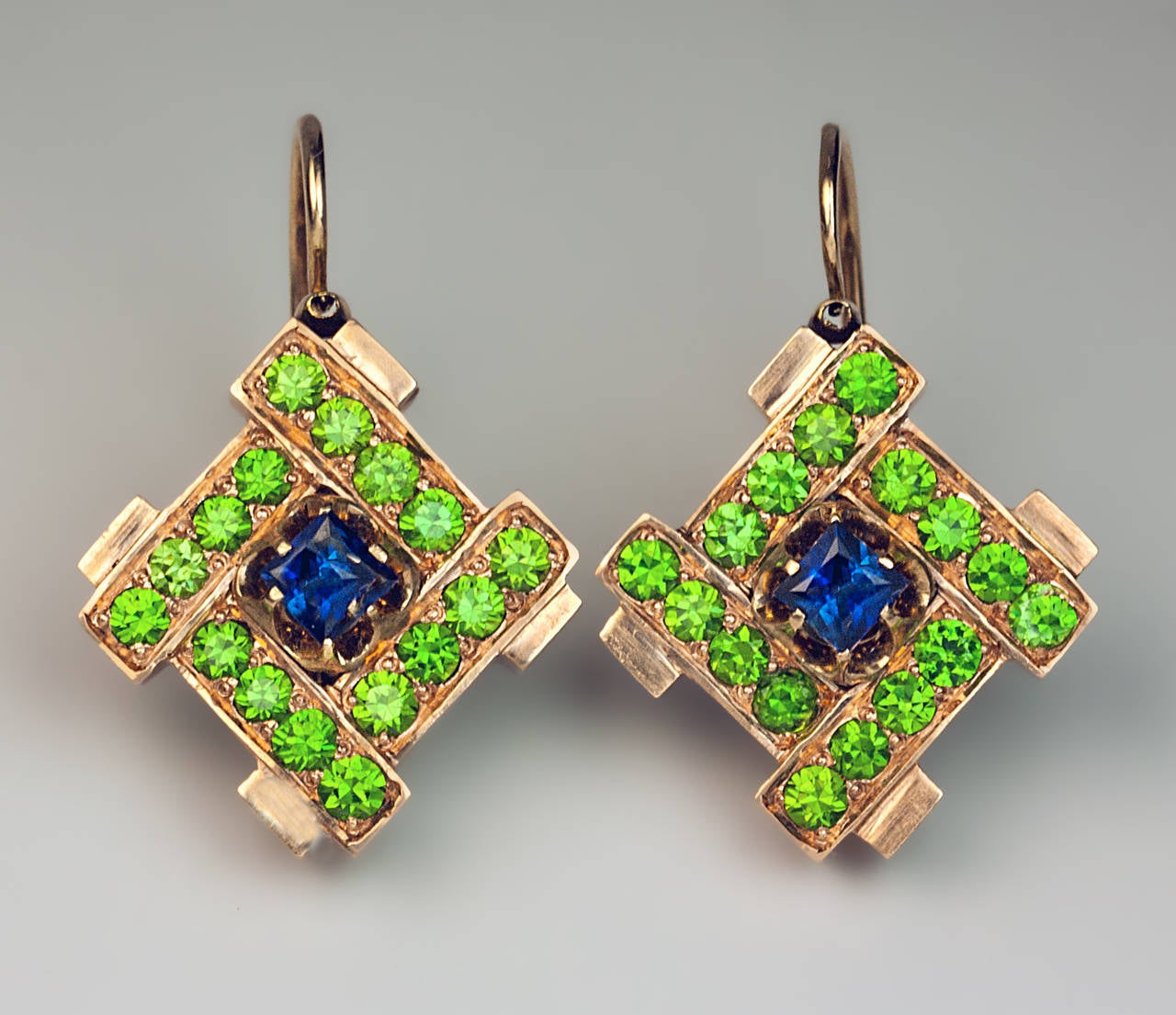 Women's Russian Demantoid Blue Sapphire Gold Earrings