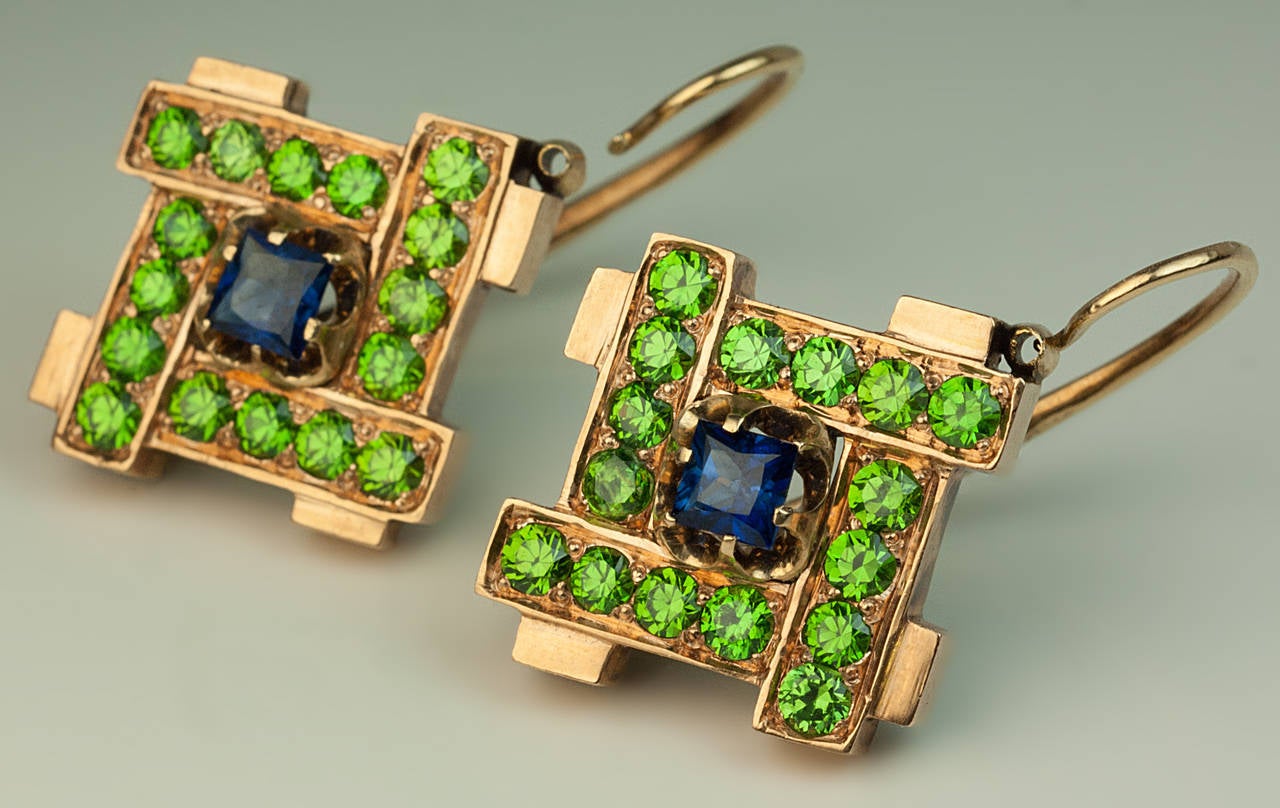 Victorian Russian Demantoid Blue Sapphire Gold Earrings