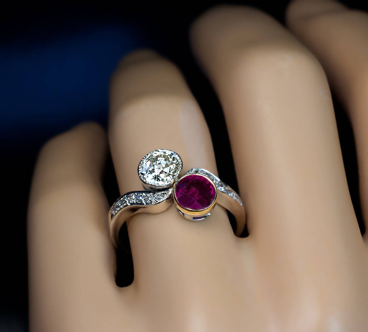 Art Deco Ruby Diamond Platinum Bypass Engagement Ring