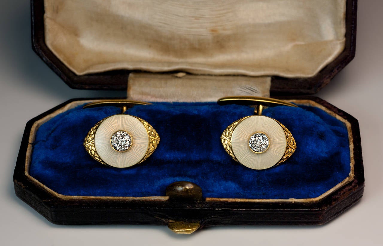 Marchak Antique Russian Enamel Diamond Gold Cufflinks In Excellent Condition In Chicago, IL