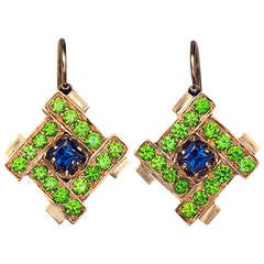 Antique Russian Demantoid Blue Sapphire Gold Earrings