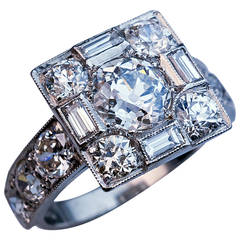Art Deco Diamond Platinum Cluster Engagement Ring 5