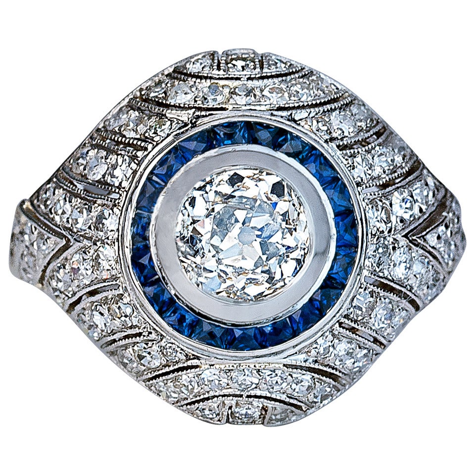 Art Deco Sapphire Diamond Gold Bombe Ring For Sale